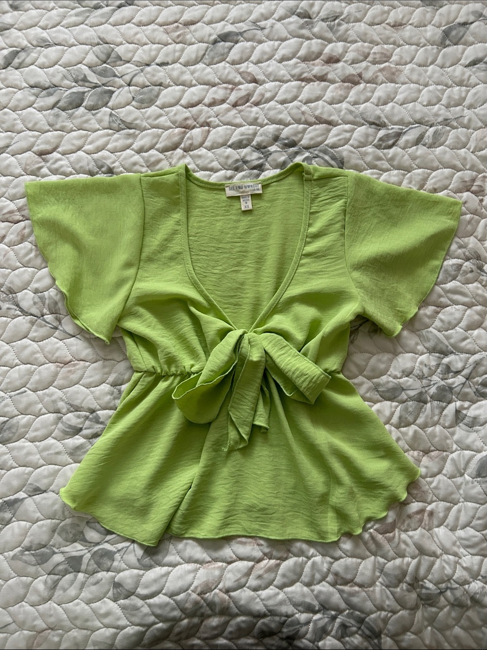 See You Monday Lime Green Tie-Front V-Neck Blouse